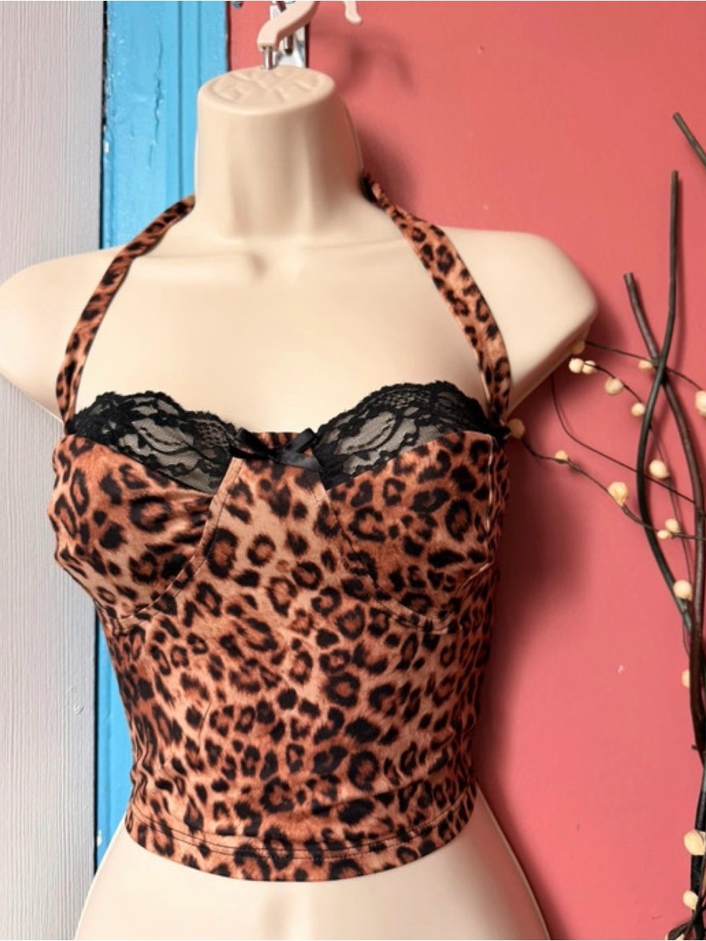 Leopard Lace-Trim Halter Cami Top - Brown